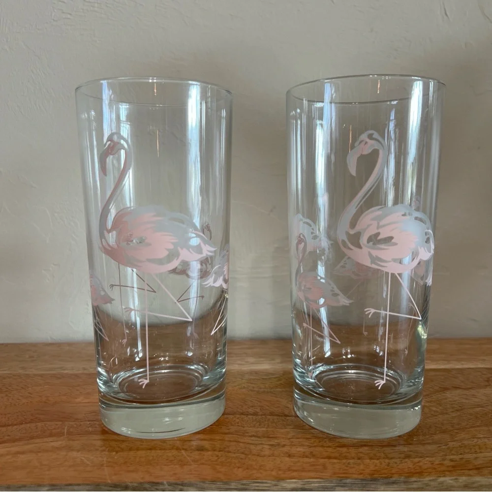 Vintage (2) Pink Flamingo Highball Cocktail Party Glasses 6 1/4” tall - Picture 5 of 5